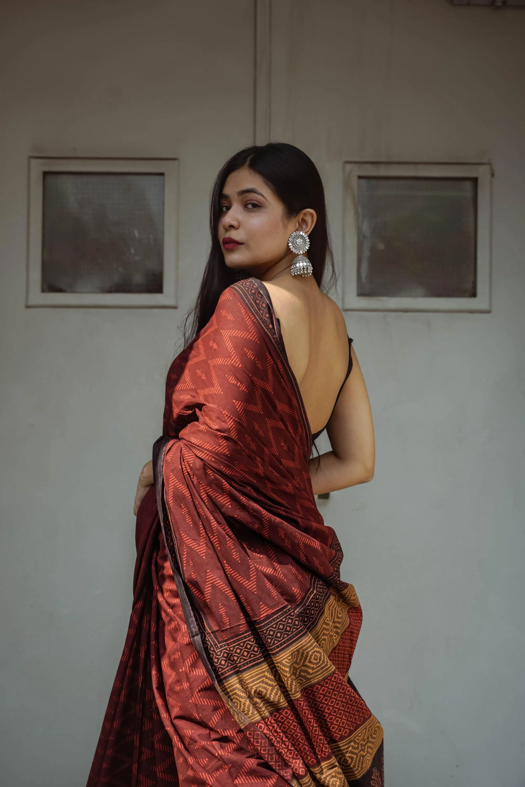 Roheda Chevron natural dyed handblock printed Bagru saree