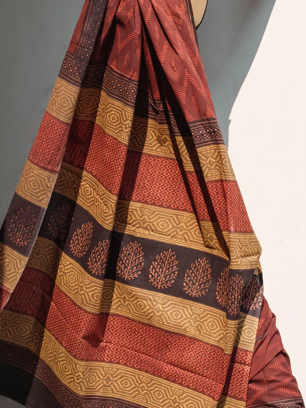 Roheda Chevron natural dyed handblock printed Bagru saree