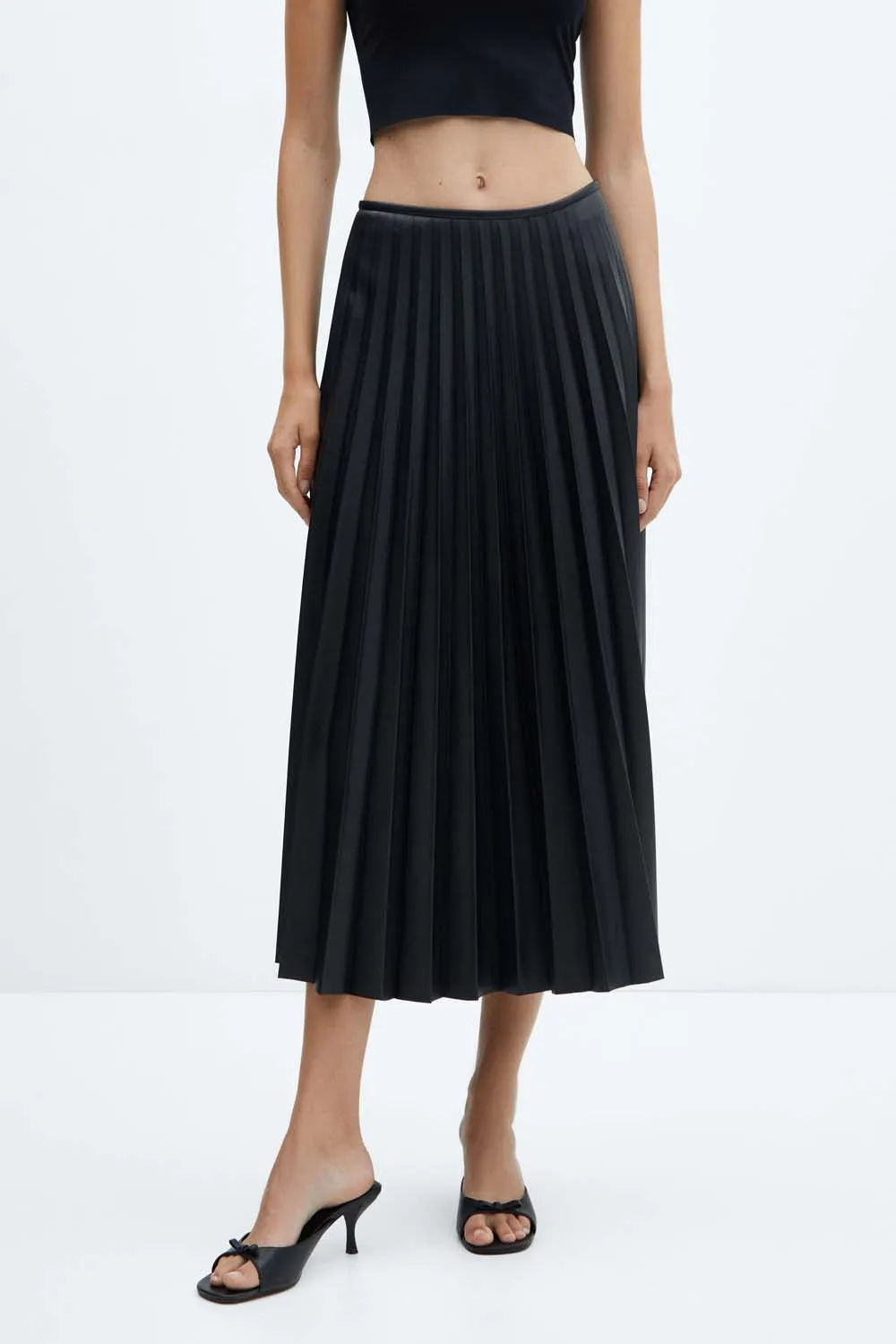 Satin-effect pleated midi-skirt