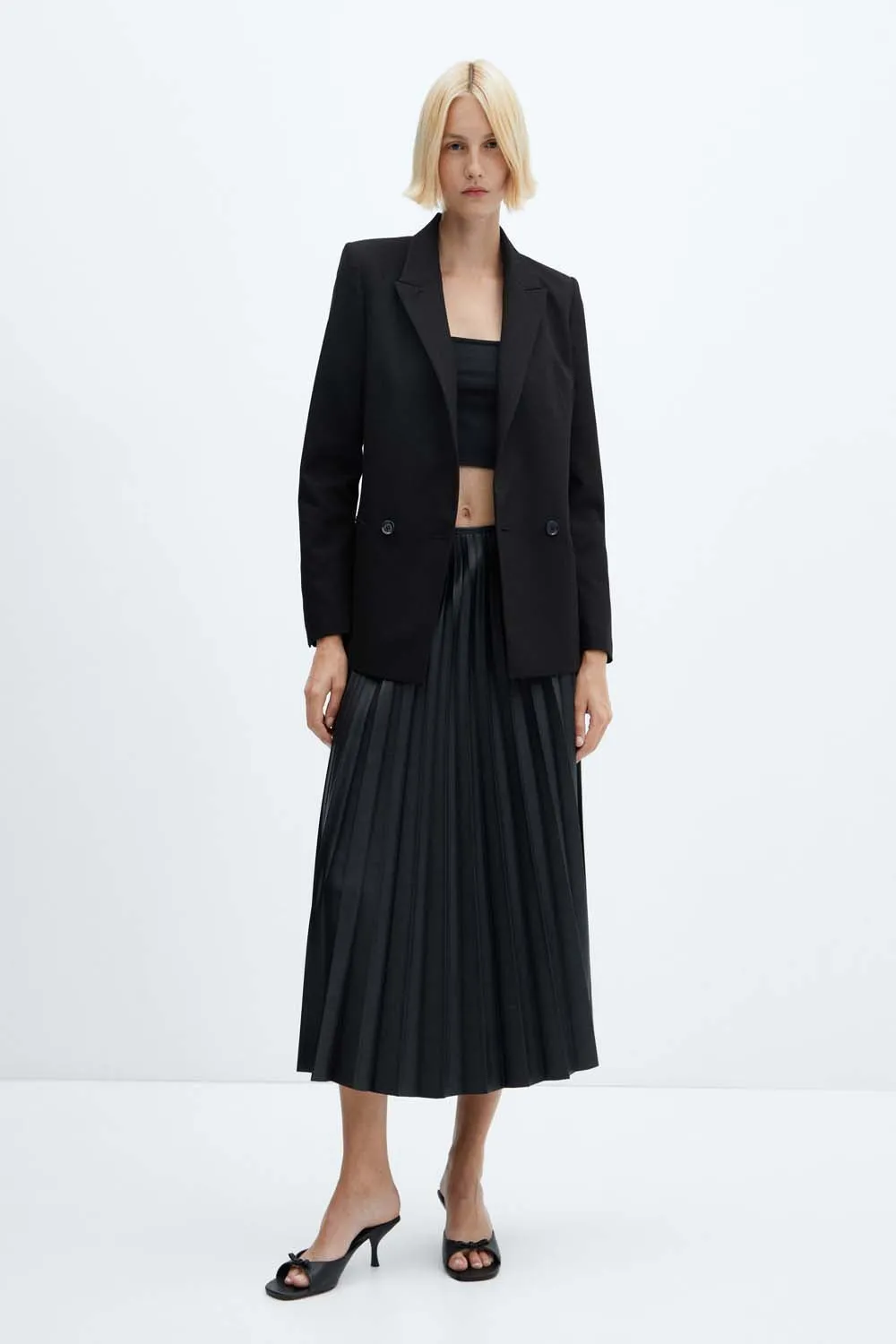 Satin-effect pleated midi-skirt