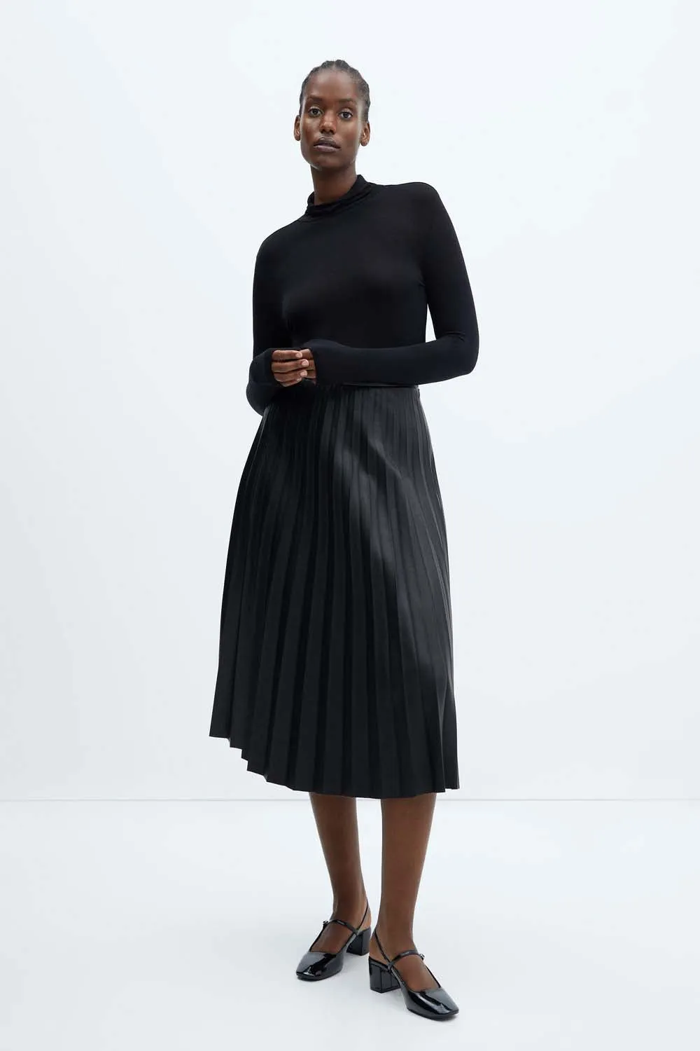 Satin-effect pleated midi-skirt