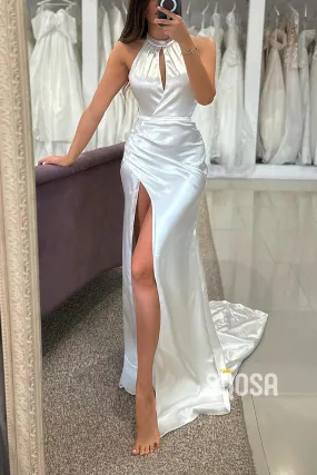 Satin Fitted High Neck Sleeveless  With Side Slit Train Wedding Dress QW8146