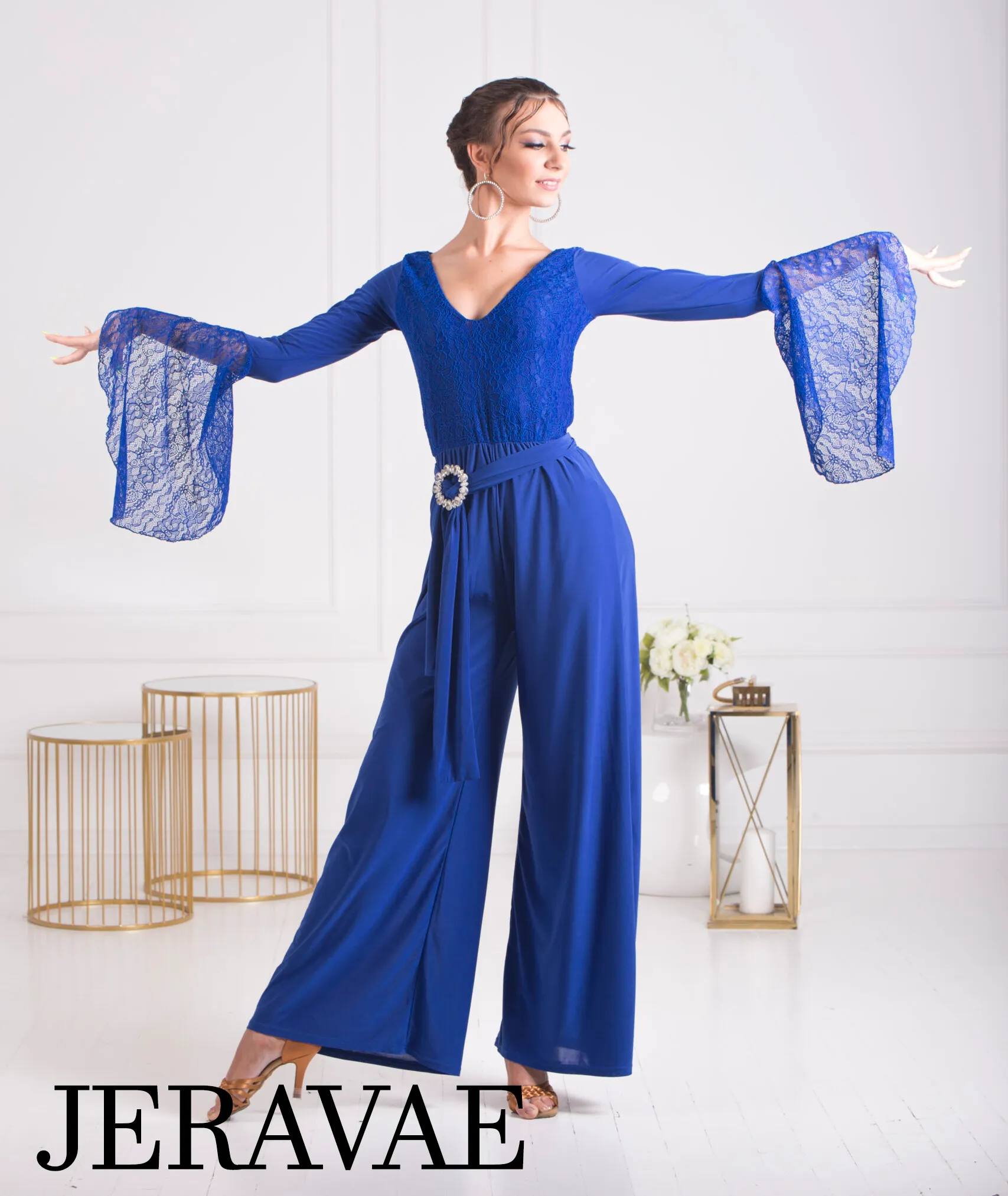 Senga Dancewear BLUET Jumpsuit with Wide Legs, Lace Sleeves, and Belt with Elegant Buckle PRA 1069 in Stock