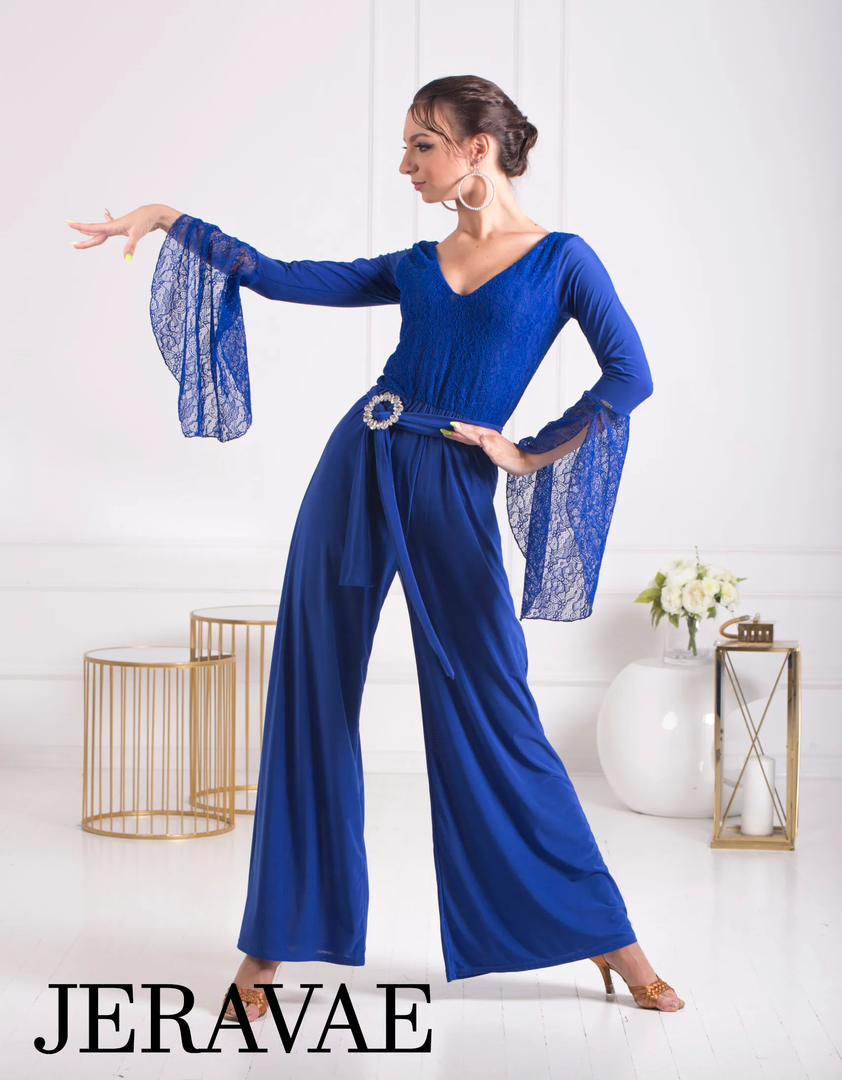 Senga Dancewear BLUET Jumpsuit with Wide Legs, Lace Sleeves, and Belt with Elegant Buckle PRA 1069 in Stock