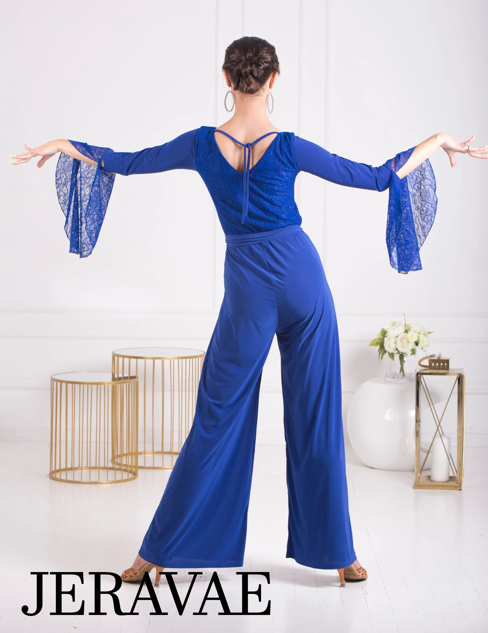 Senga Dancewear BLUET Jumpsuit with Wide Legs, Lace Sleeves, and Belt with Elegant Buckle PRA 1069 in Stock