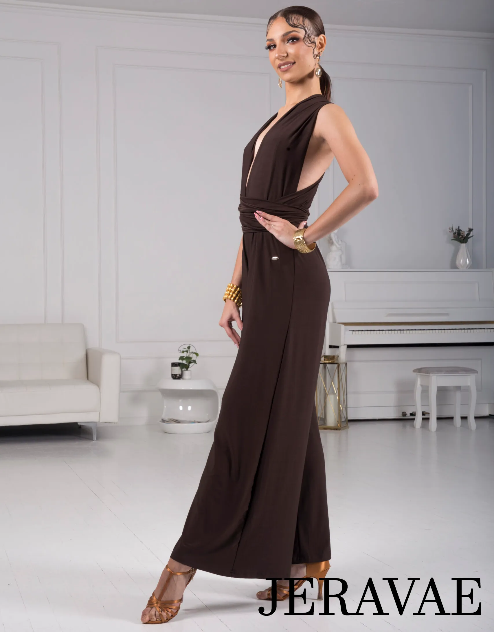 Senga Dancewear CALYPSO One Piece Jumpsuit with Strips of Material to Customize Your Look and Wide Leg Pants Available in Brown 