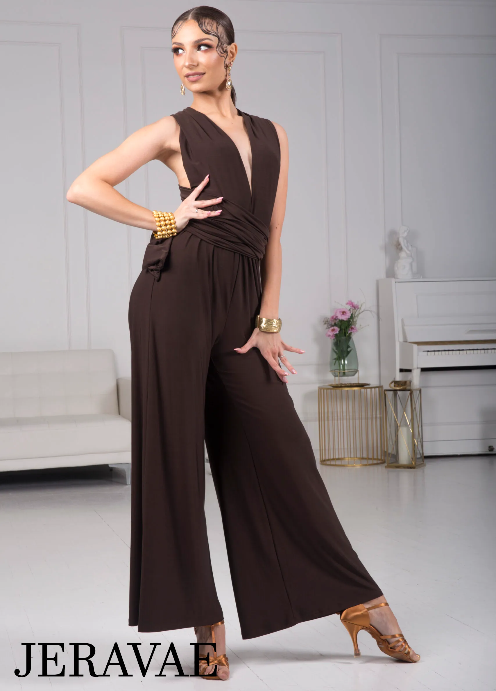 Senga Dancewear CALYPSO One Piece Jumpsuit with Strips of Material to Customize Your Look and Wide Leg Pants Available in Brown 