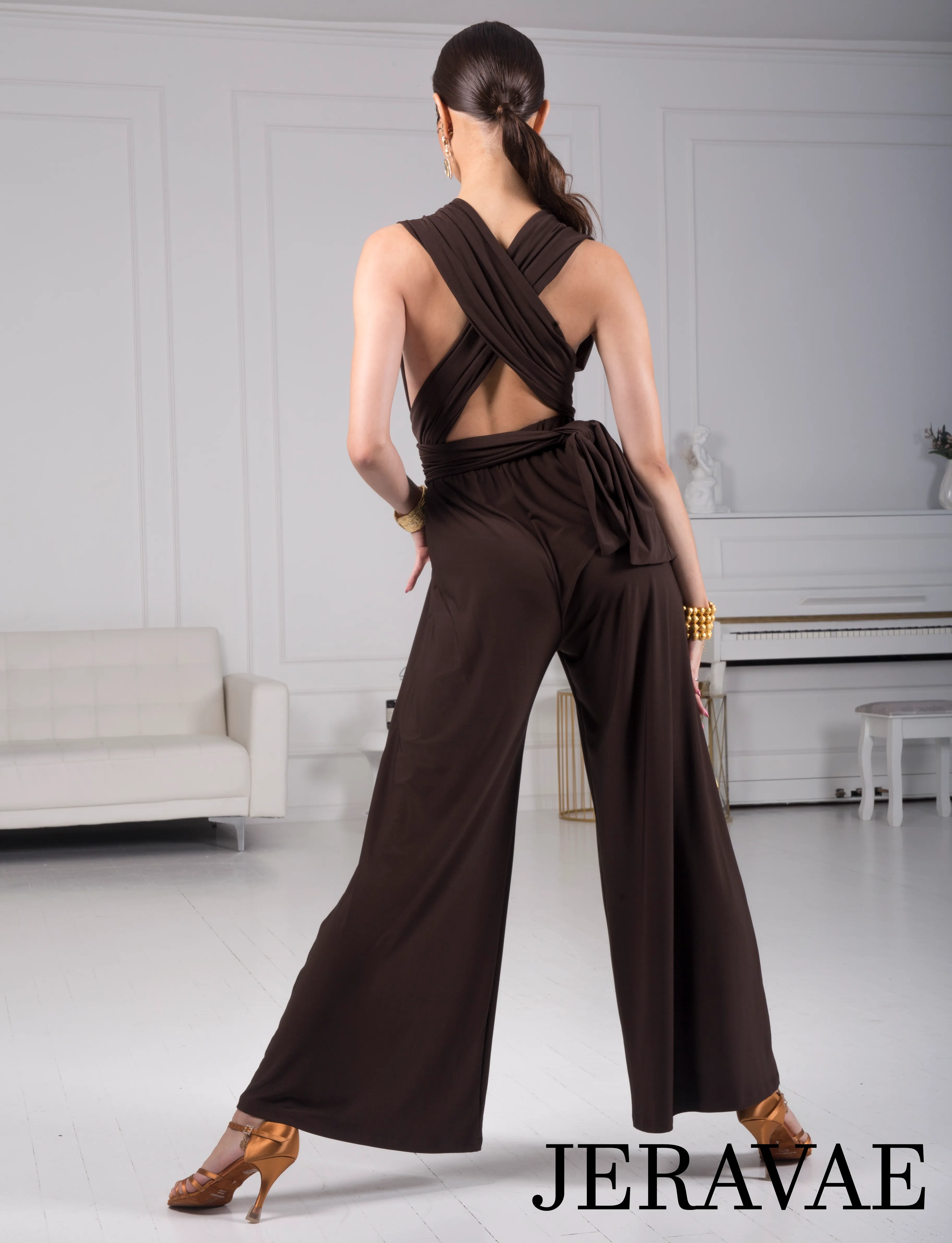 Senga Dancewear CALYPSO One Piece Jumpsuit with Strips of Material to Customize Your Look and Wide Leg Pants Available in Brown 