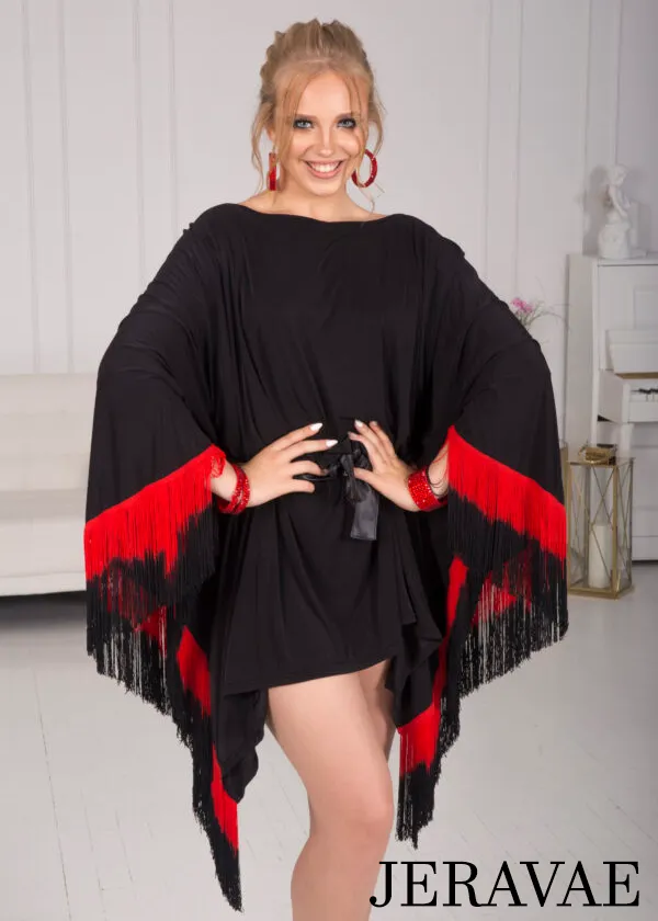 Senga Dancewear OMBRA Short Black Tunic Cape Dress with Sash Sleeves, Ombré Fringe, and Eco Leather Belt Sash PRA 972 in Stock