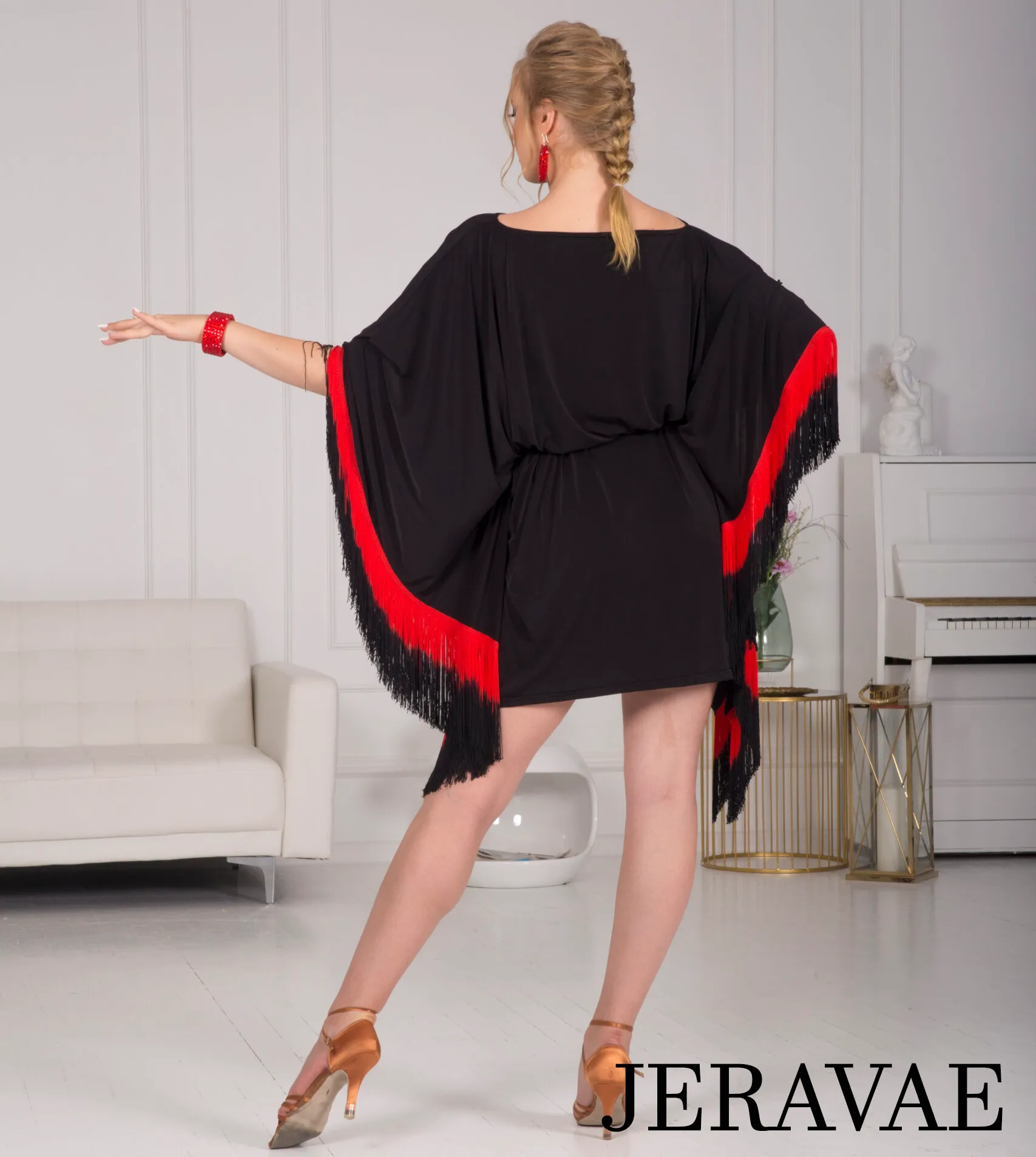 Senga Dancewear OMBRA Short Black Tunic Cape Dress with Sash Sleeves, Ombré Fringe, and Eco Leather Belt Sash PRA 972 in Stock