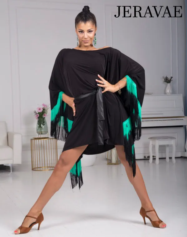 Senga Dancewear OMBRA Short Black Tunic Cape Dress with Sash Sleeves, Ombré Fringe, and Eco Leather Belt Sash PRA 972 in Stock