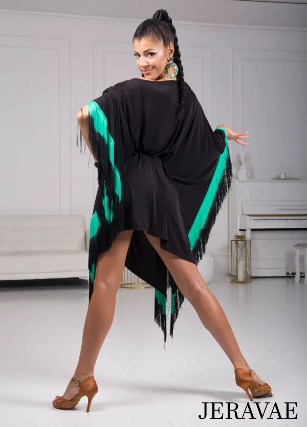 Senga Dancewear OMBRA Short Black Tunic Cape Dress with Sash Sleeves, Ombré Fringe, and Eco Leather Belt Sash PRA 972 in Stock