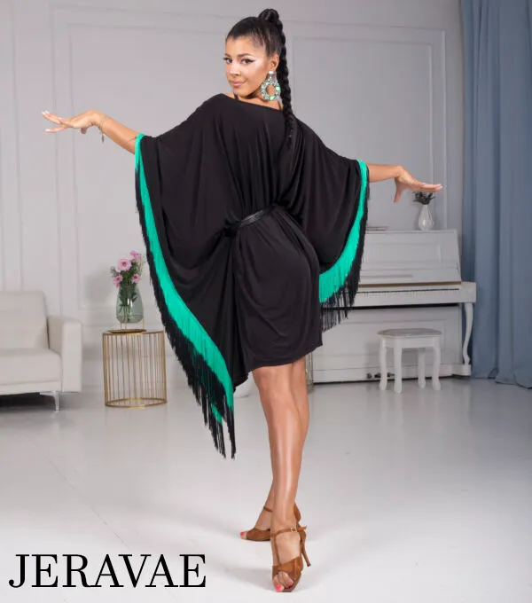 Senga Dancewear OMBRA Short Black Tunic Cape Dress with Sash Sleeves, Ombré Fringe, and Eco Leather Belt Sash PRA 972 in Stock