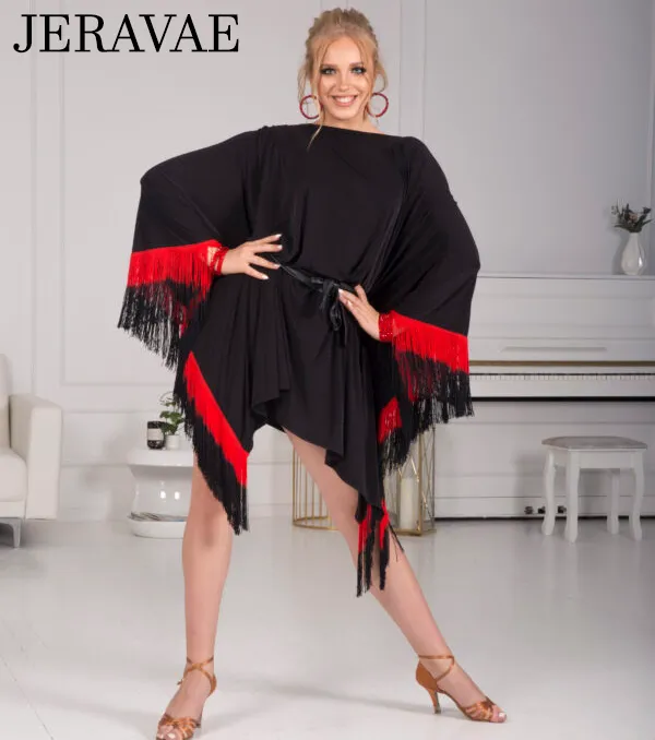 Senga Dancewear OMBRA Short Black Tunic Cape Dress with Sash Sleeves, Ombré Fringe, and Eco Leather Belt Sash PRA 972 in Stock