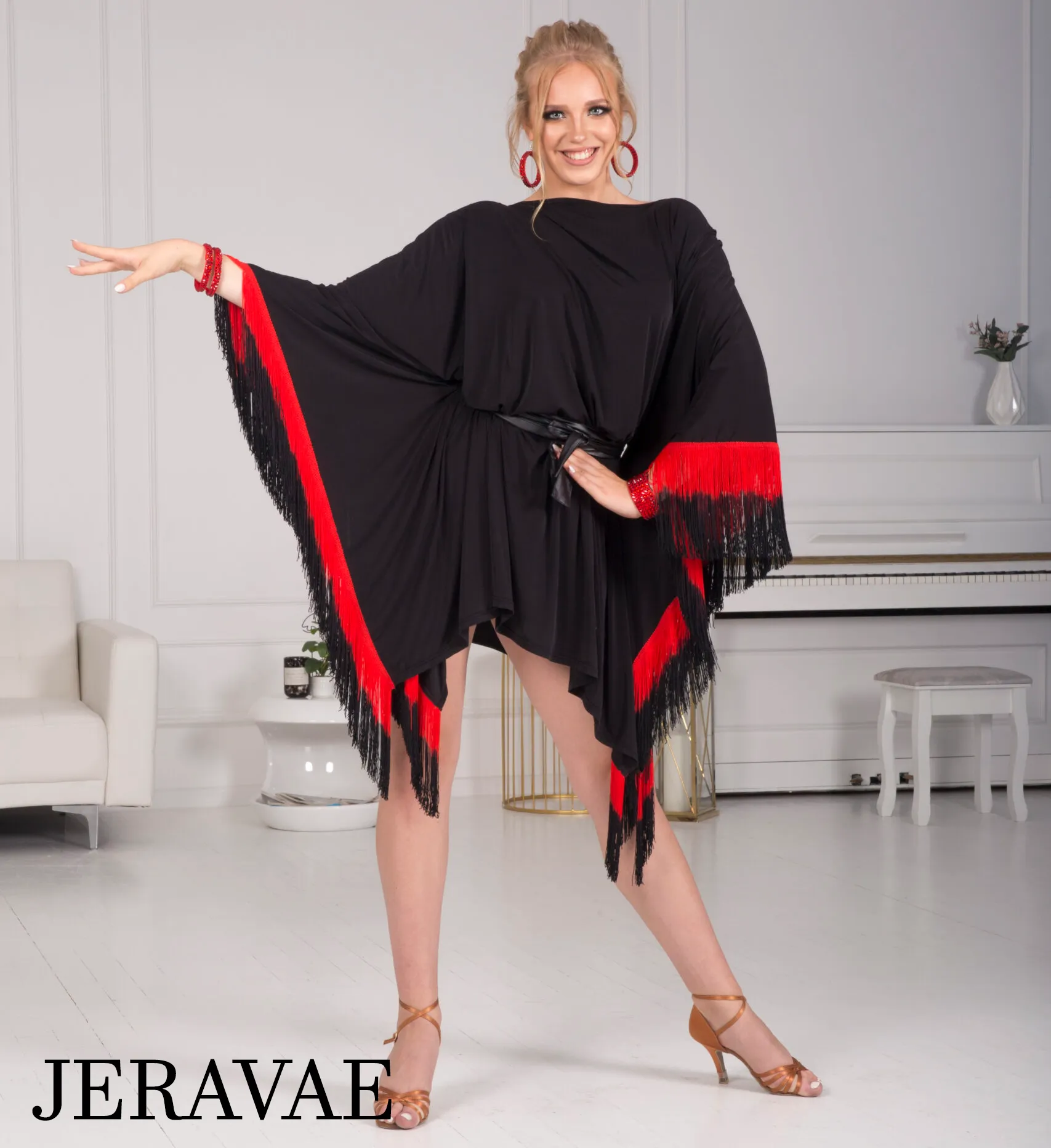 Senga Dancewear OMBRA Short Black Tunic Cape Dress with Sash Sleeves, Ombré Fringe, and Eco Leather Belt Sash PRA 972 in Stock