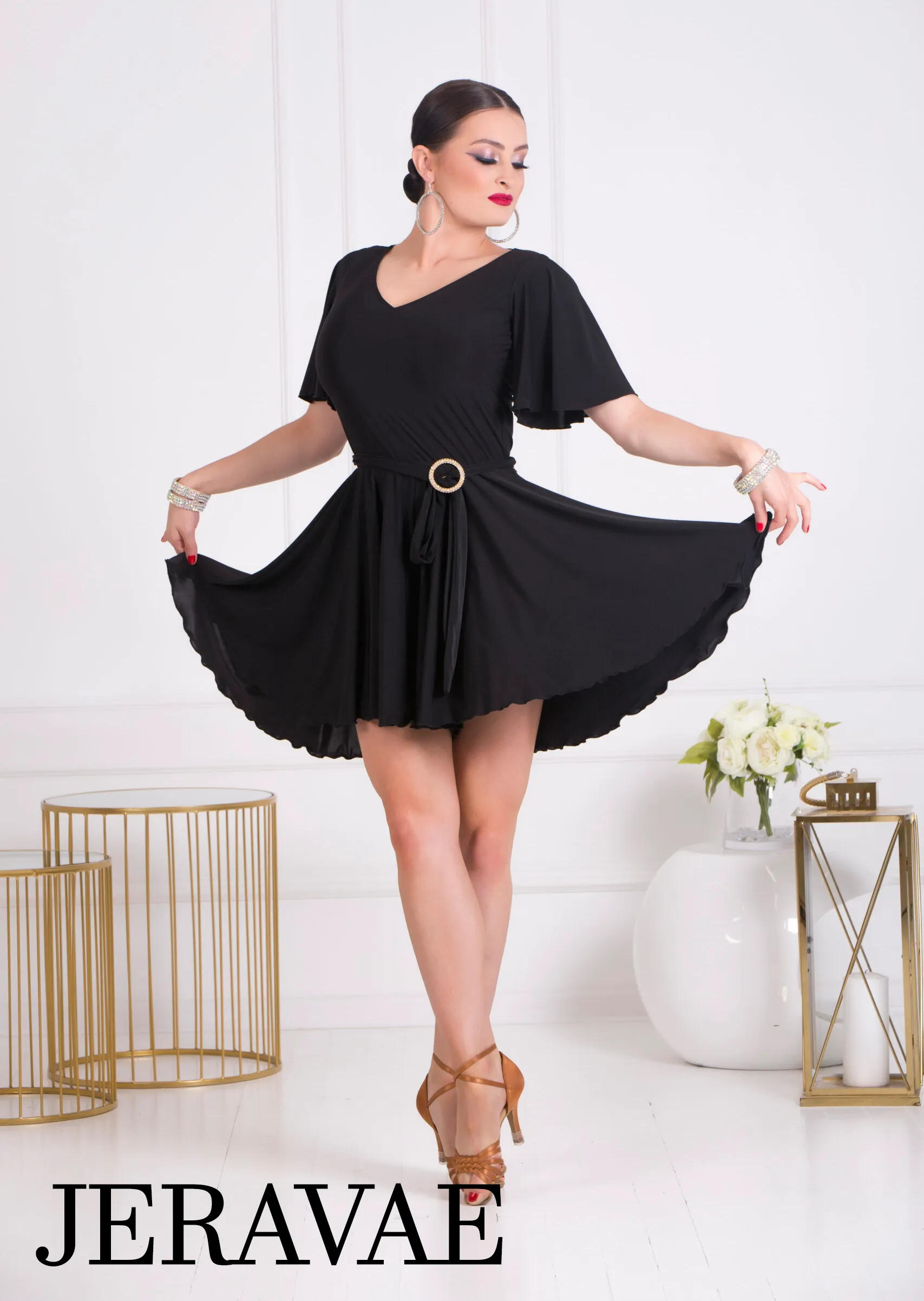 Senga Dancewear PARA PARA Black Jumpsuit with Shorts, Belt with Decorative Buckle, and Loose Sleeves PRA 1070 in Stock