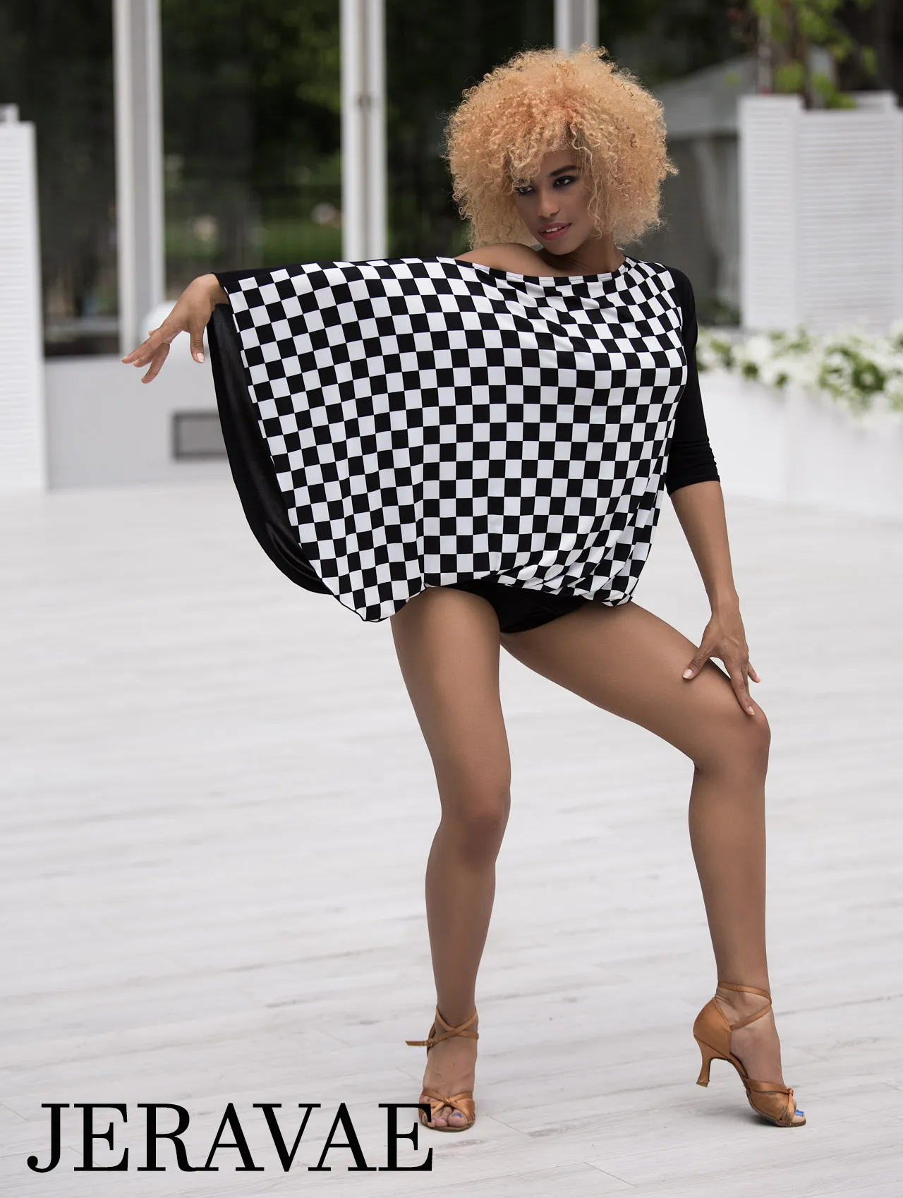 Senga Dancewear TONDERO Black and White Checkered Practice Top with Asymmetrical Neckline and One Sash Sleeve PRA 969 in Stock