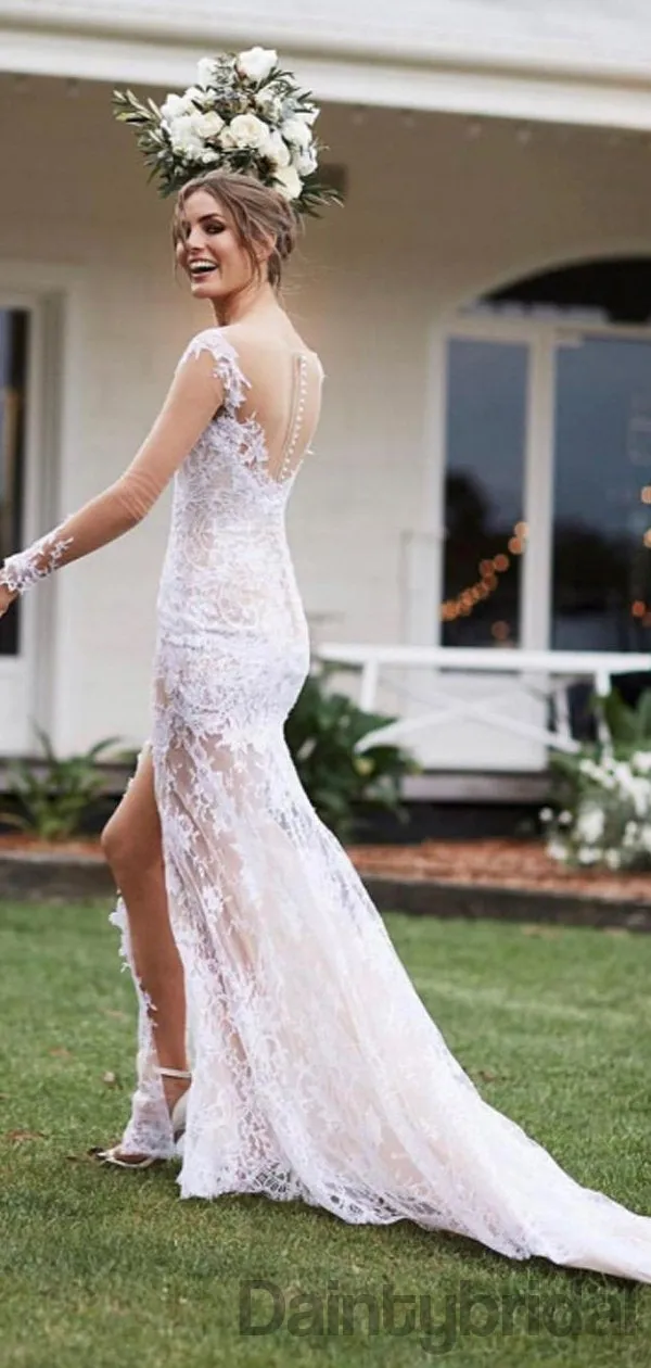 Sexy V-neck Lace Slit See-through Wedding Dresses,DB10271