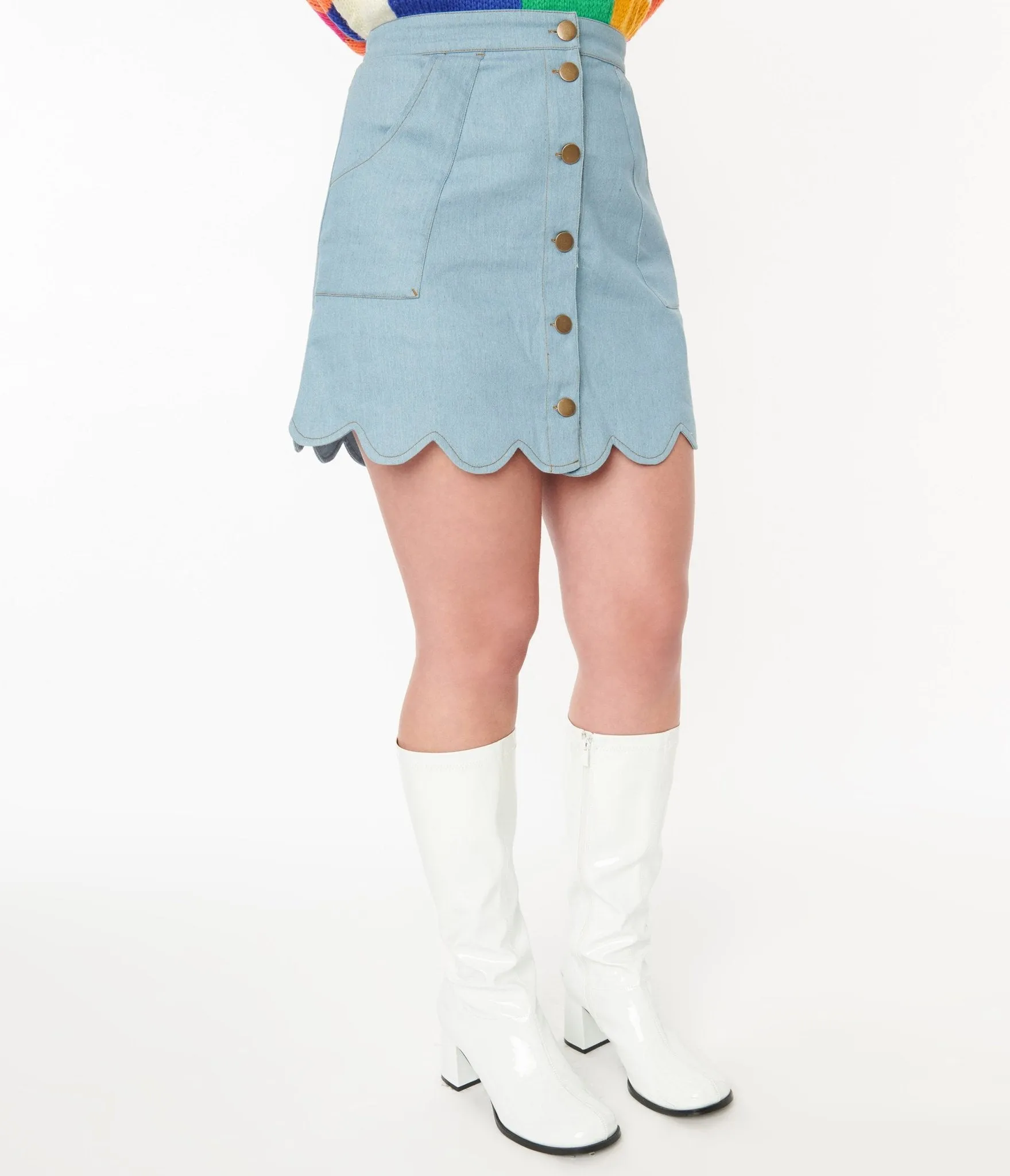 Smak Parlour 1970s Light Wash Denim Campus Mini Skirt