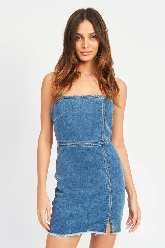 SPAGHETTI STTRAP MINI DENIM DRESS