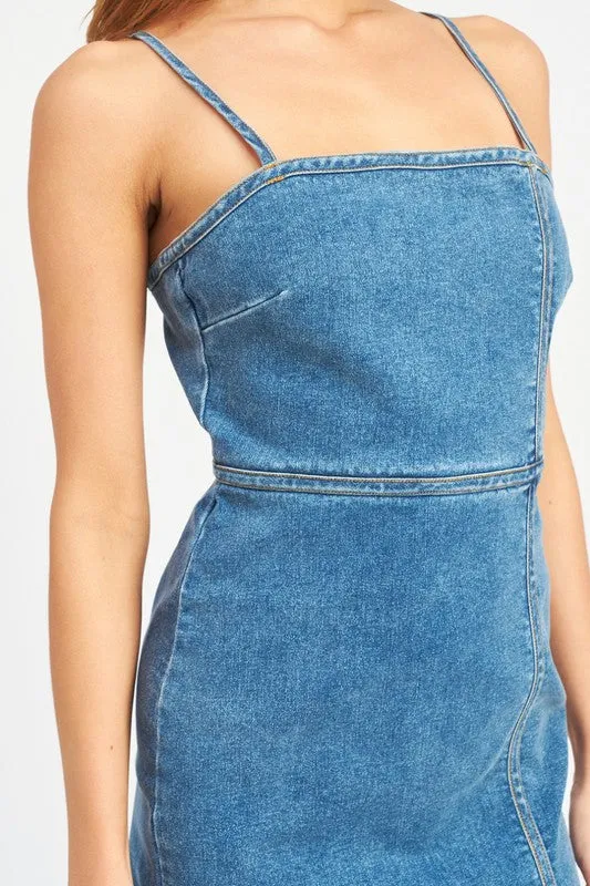 SPAGHETTI STTRAP MINI DENIM DRESS