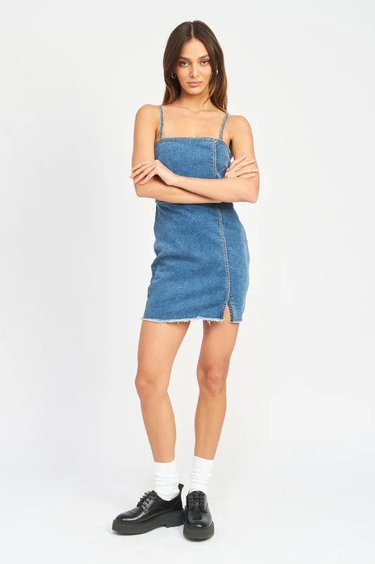 SPAGHETTI STTRAP MINI DENIM DRESS