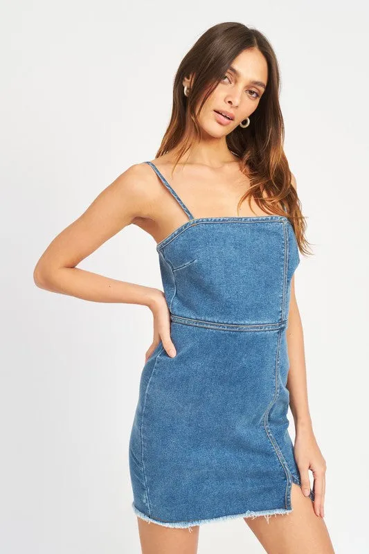 SPAGHETTI STTRAP MINI DENIM DRESS