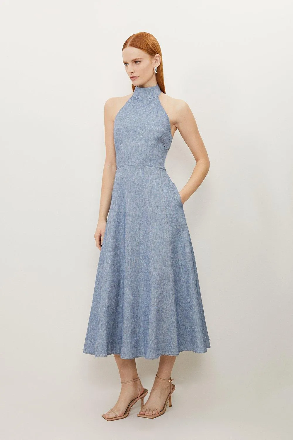 Tailored Denim Look Linen Strappy Full Skirted Midi Dress | Karen Millen