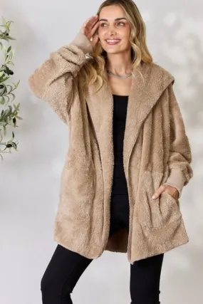 Taupe Faux Fur Open Front Hooded Jacket