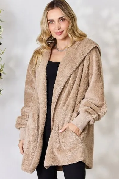 Taupe Faux Fur Open Front Hooded Jacket