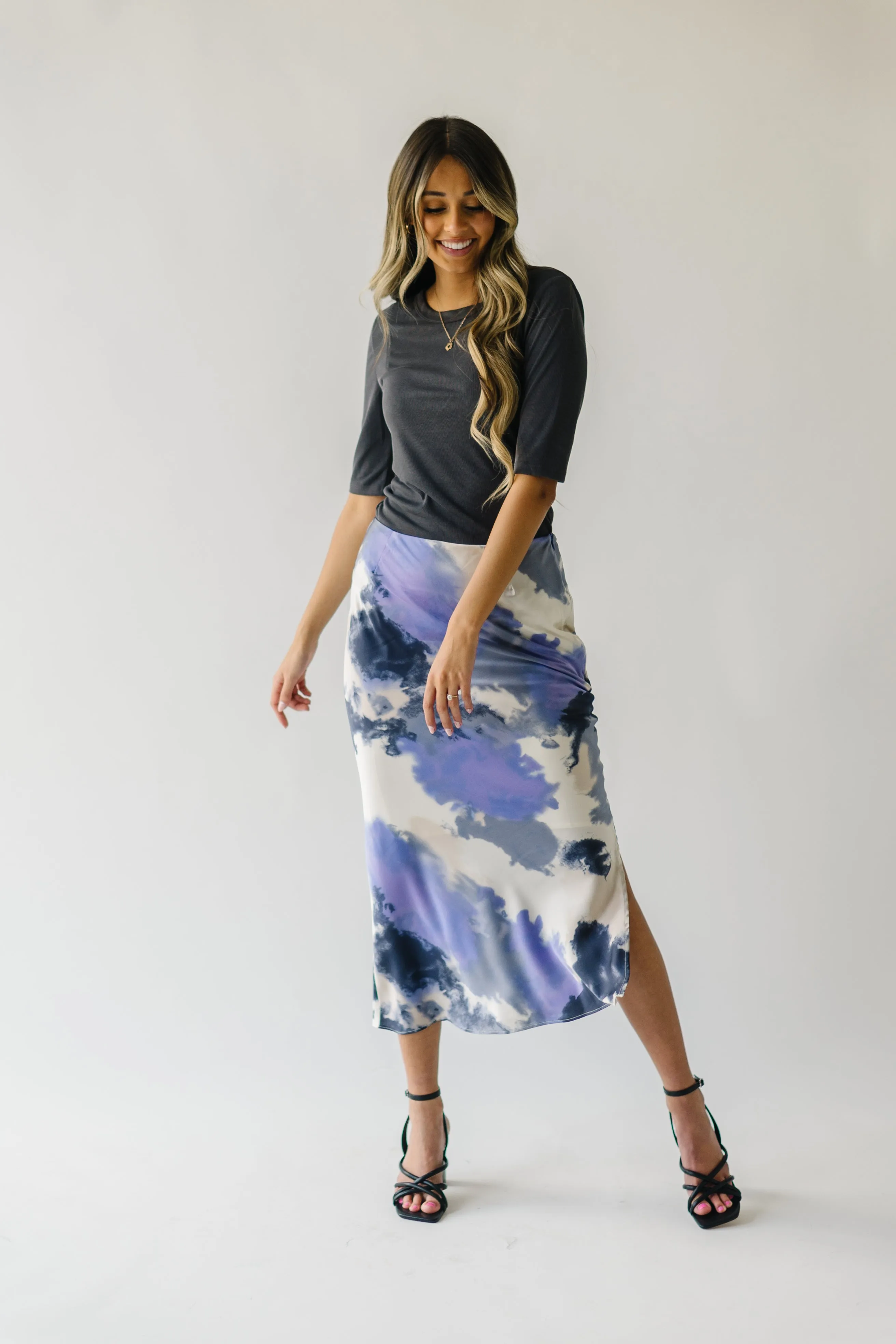 The Ozette Satin Skirt in Purple Abstract