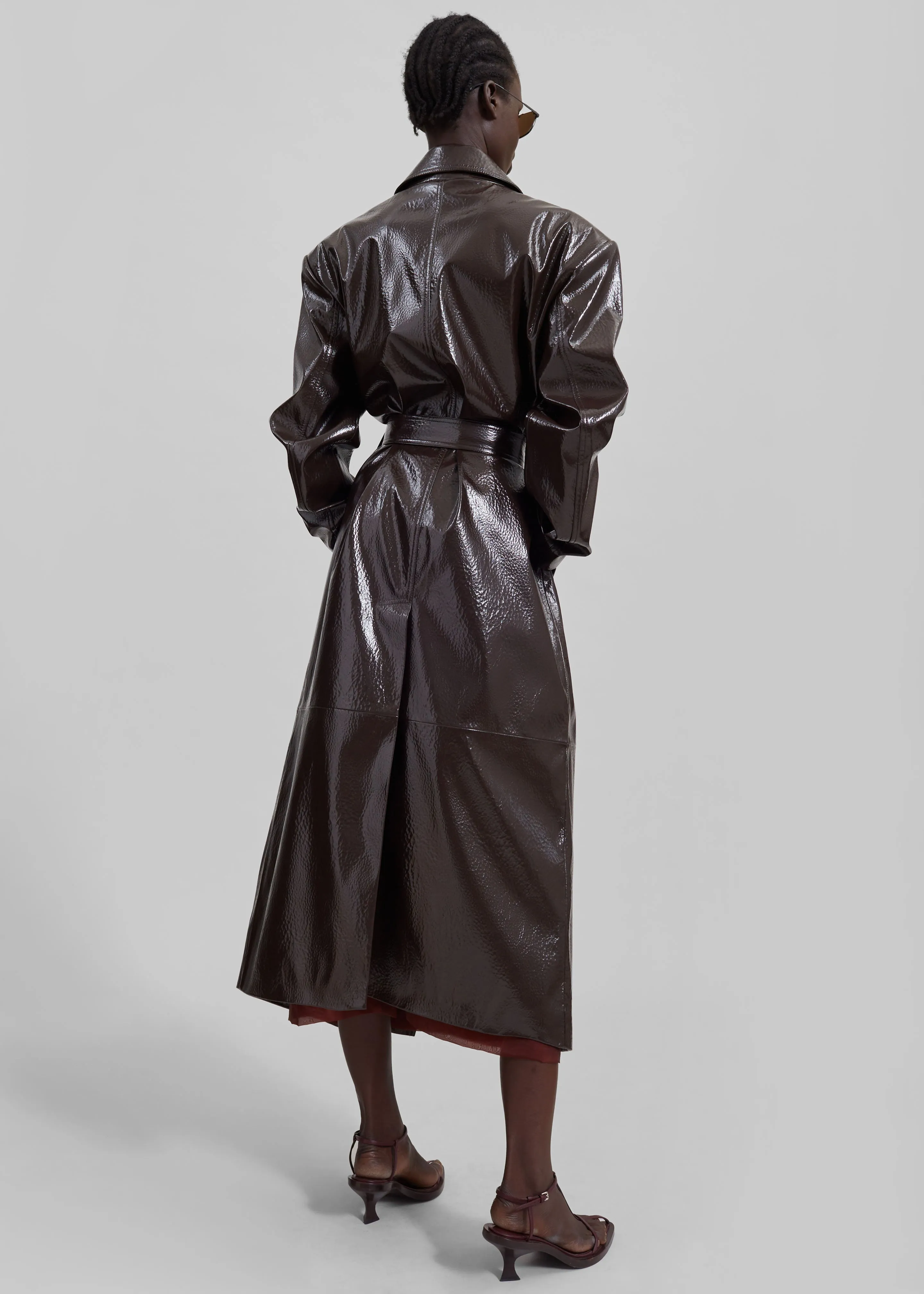 Tina Crackled Faux Leather Trench Coat - Brown