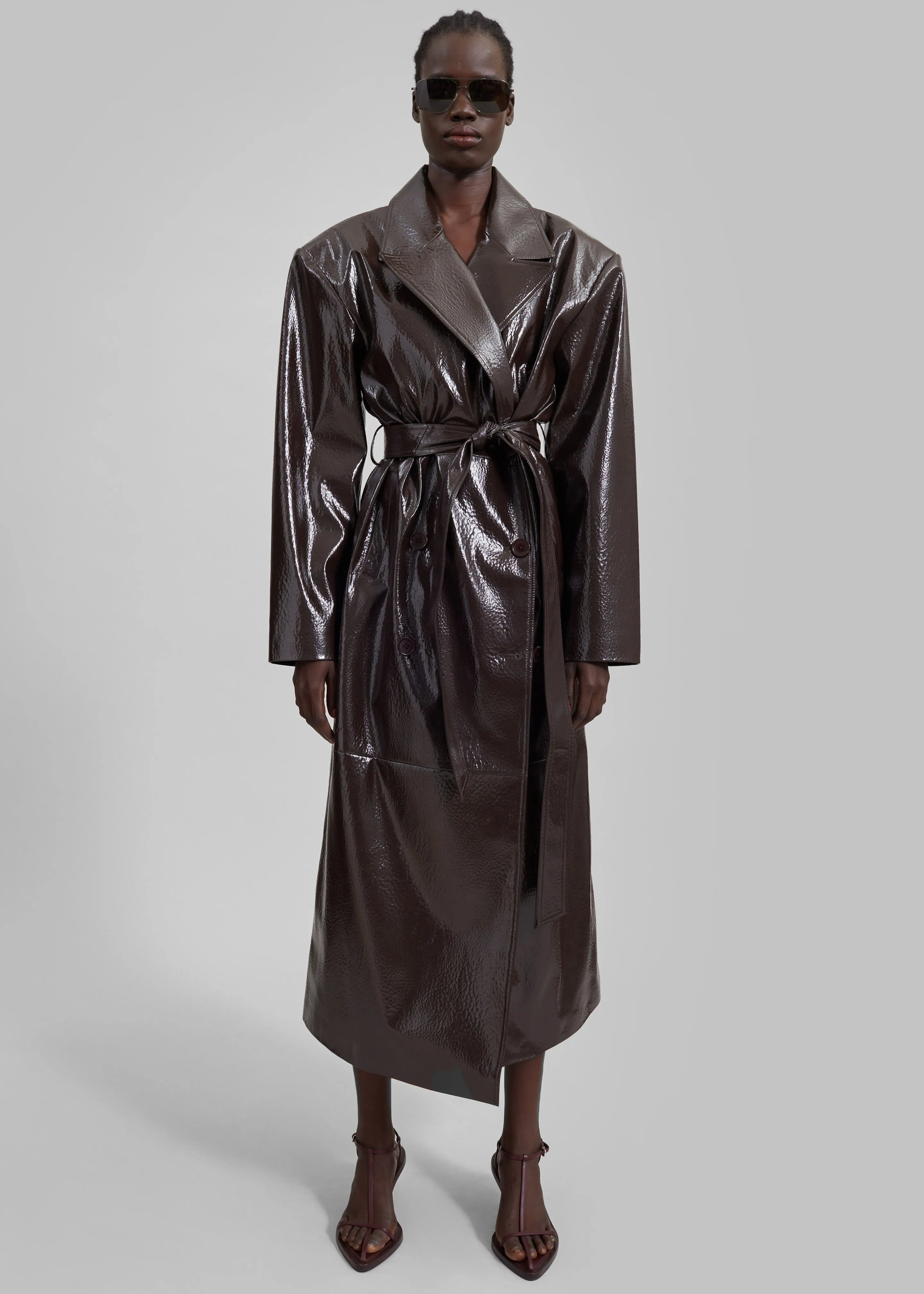 Tina Crackled Faux Leather Trench Coat - Brown