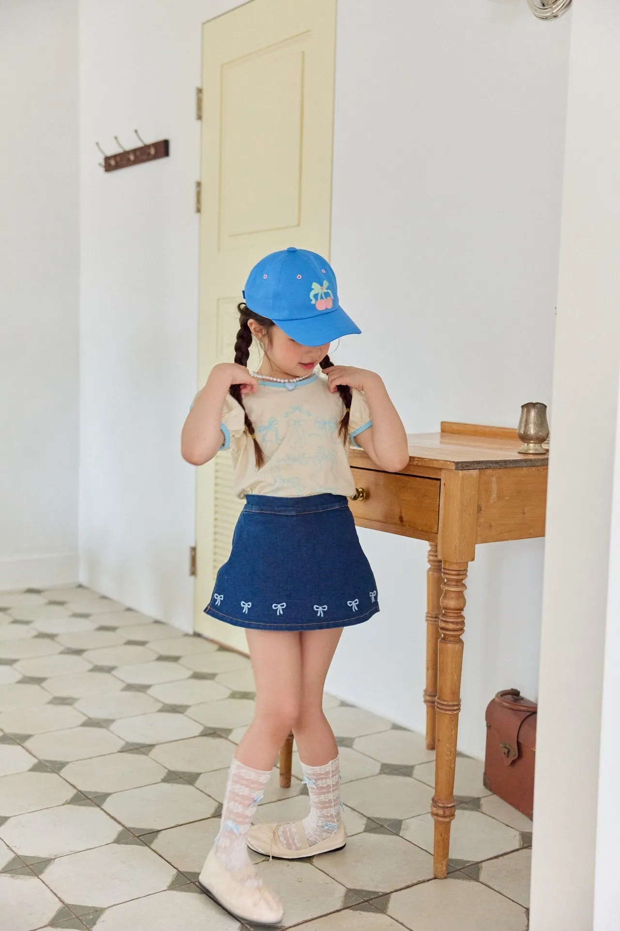 Toddler Bow Embroidery Denim Skirted Shorts (1-5y) - Dark denim