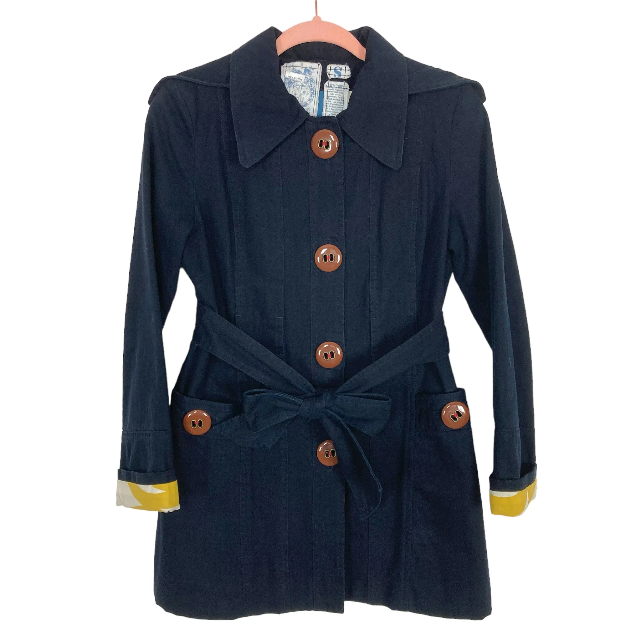 Trovata Anthropologie Navy Printed Lining Button Closure Removable Hood Belted Jacket- Size S