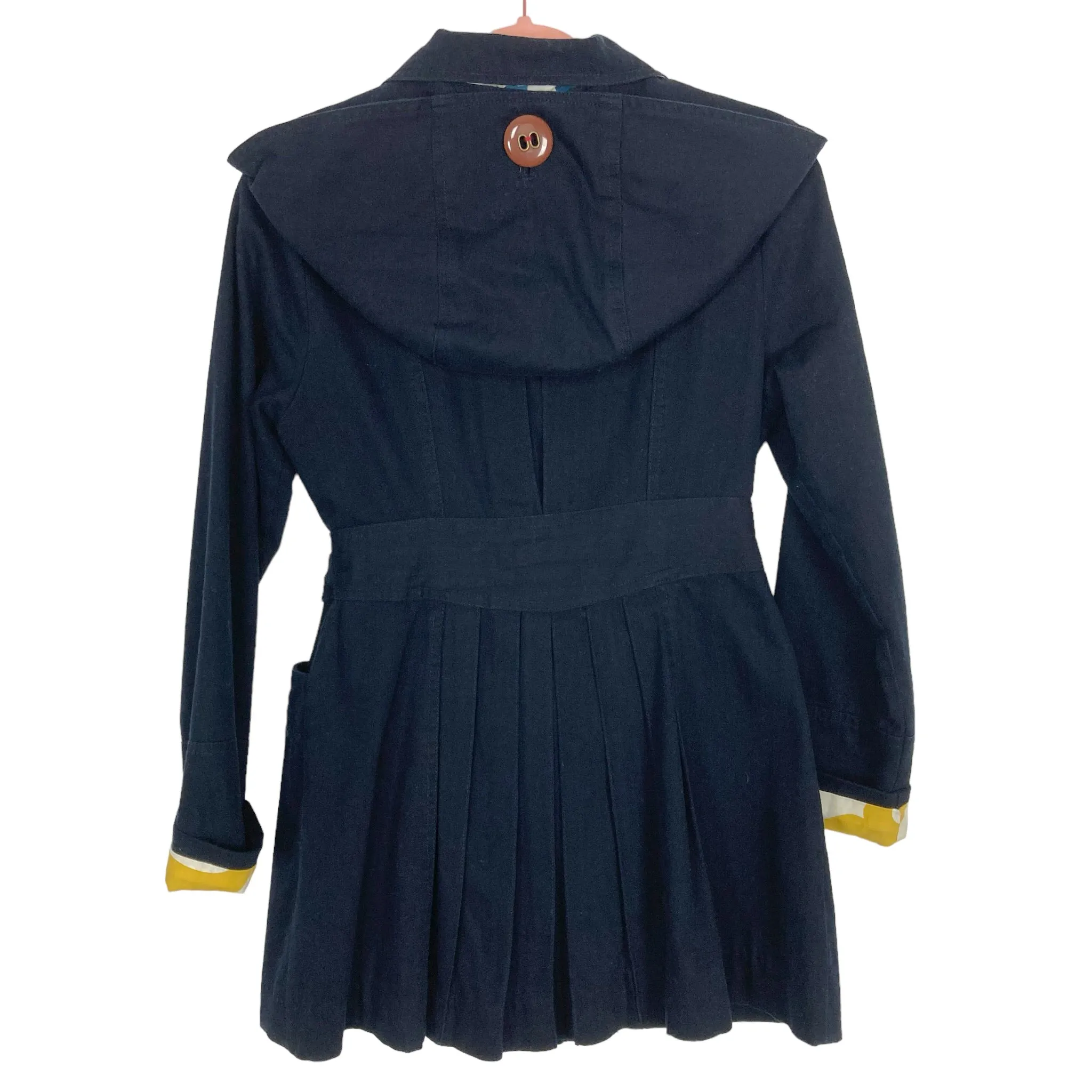 Trovata Anthropologie Navy Printed Lining Button Closure Removable Hood Belted Jacket- Size S