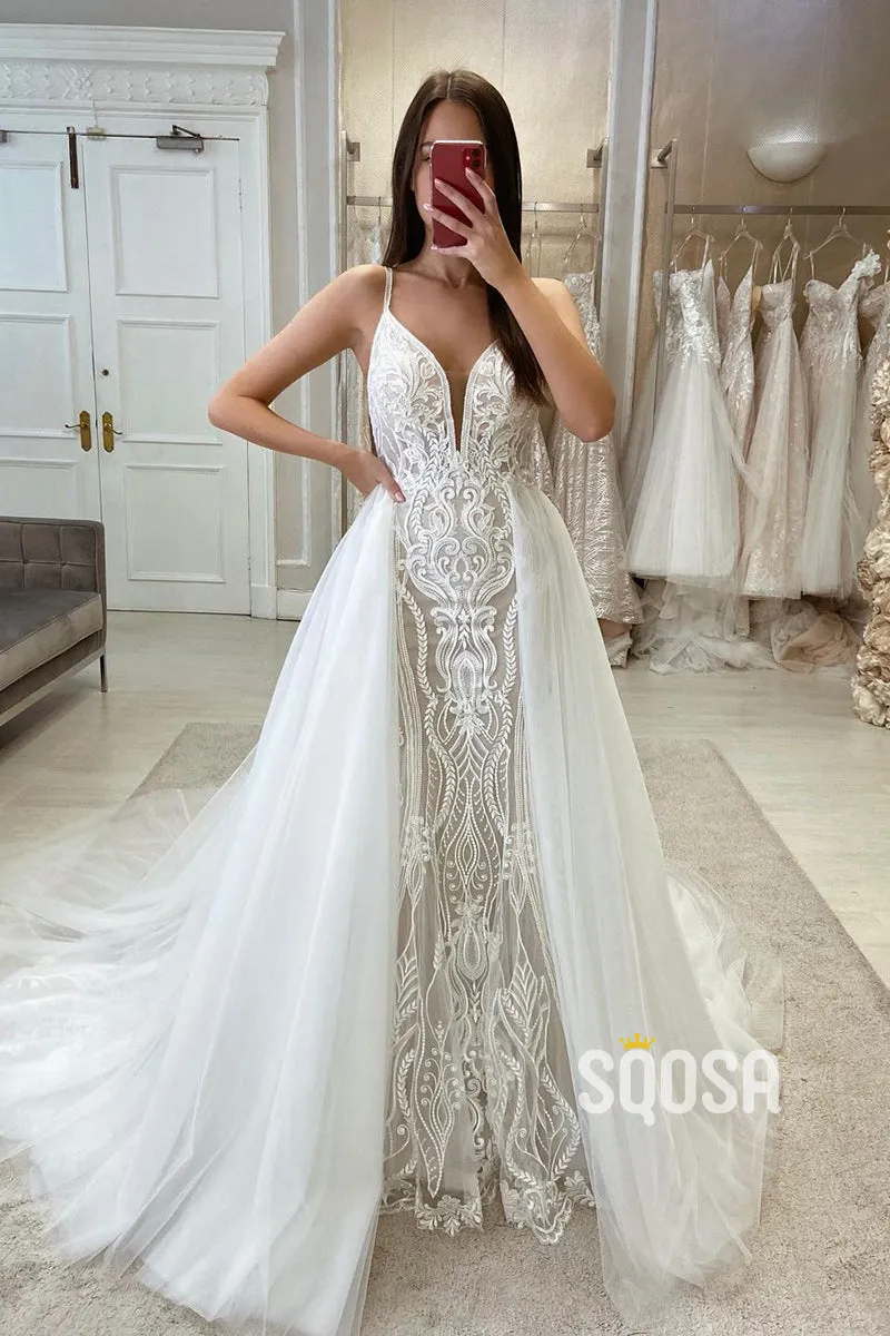 Trumpet V-Neck Spaghetti Straps Detachable Tulle Train Lace Applique Wedding Dress QW8103