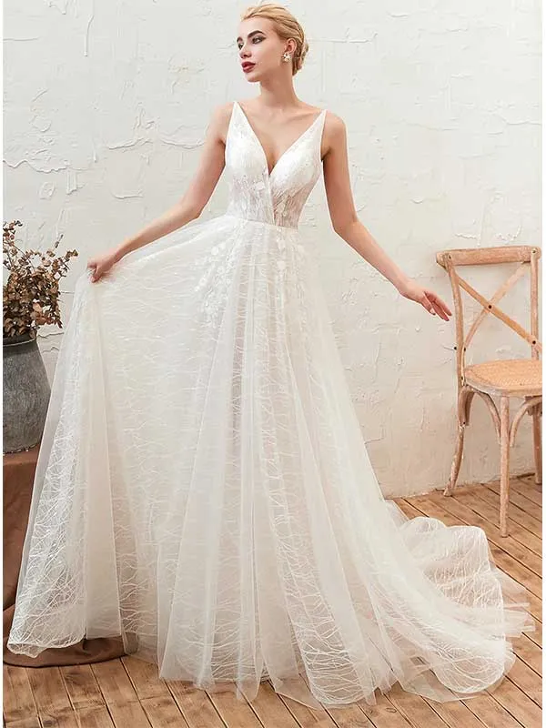 Tulle V-neck Long Applique Wedding Dress, WD0465