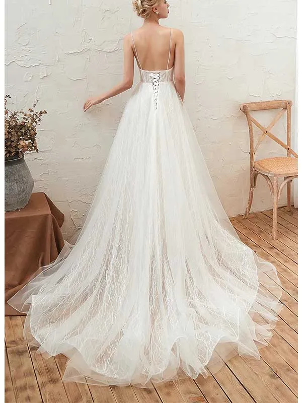 Tulle V-neck Long Applique Wedding Dress, WD0465