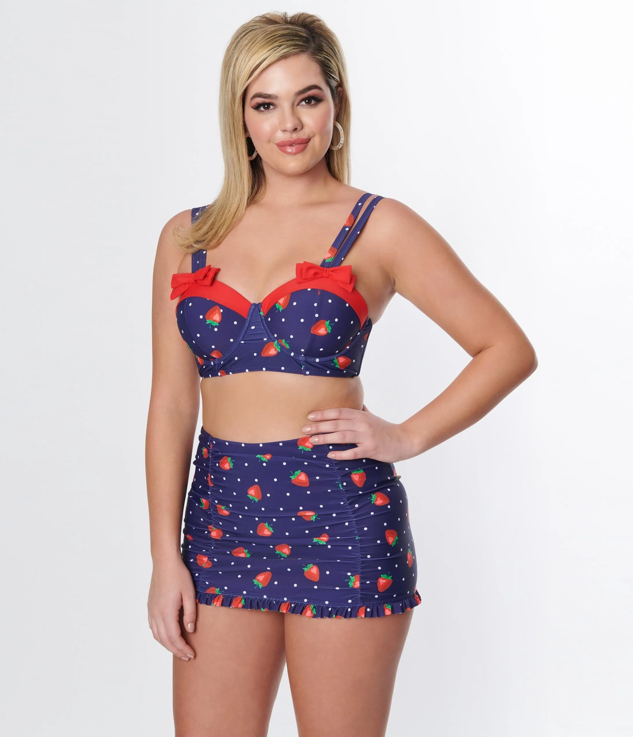 Unique Vintage Navy Strawberry Pin Dot Ruffled Swim Skirt