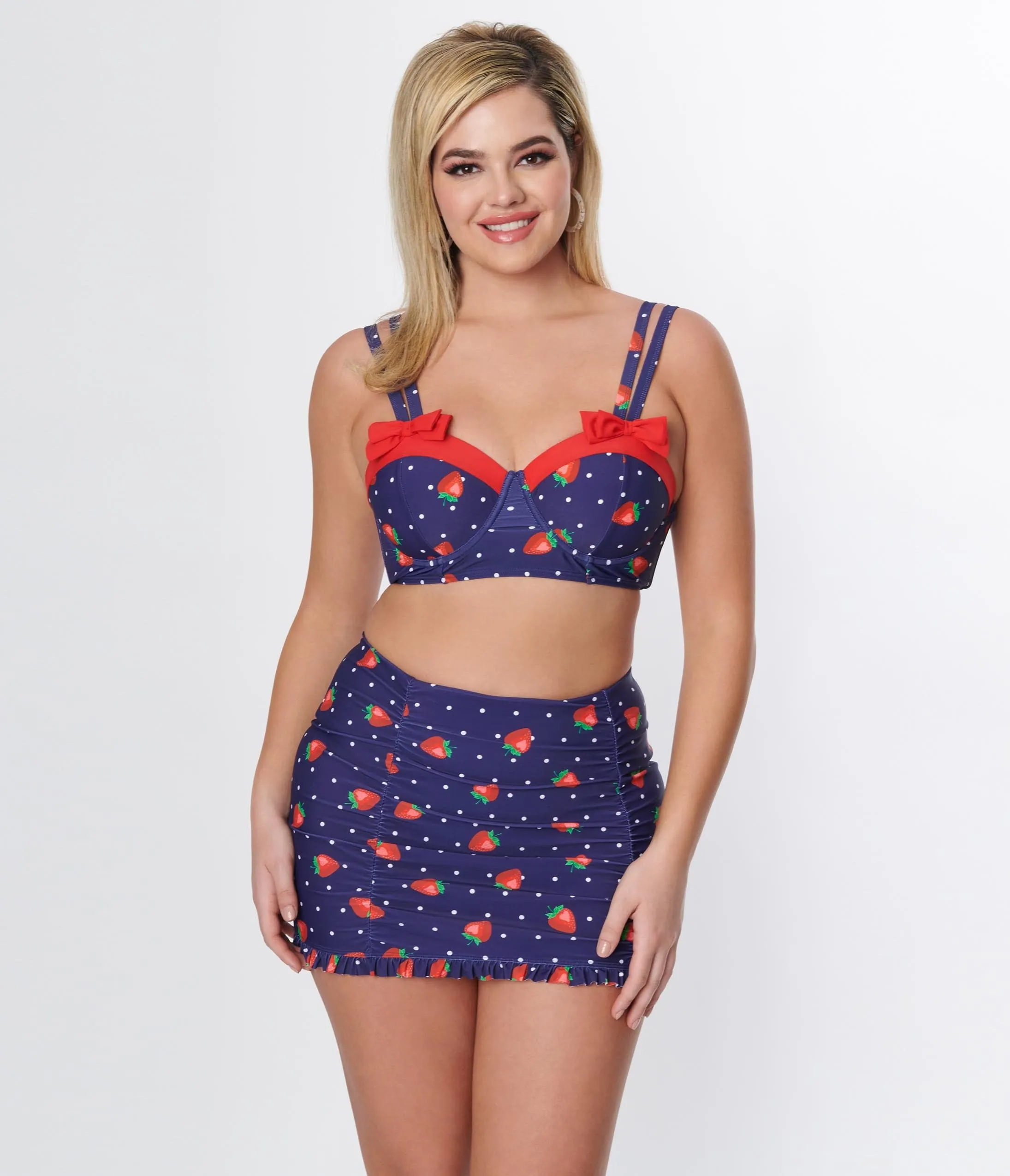 Unique Vintage Navy Strawberry Pin Dot Ruffled Swim Skirt