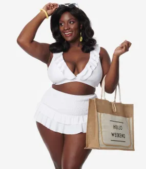 Unique Vintage Plus Size White Shirred Skirt Swim Bottom