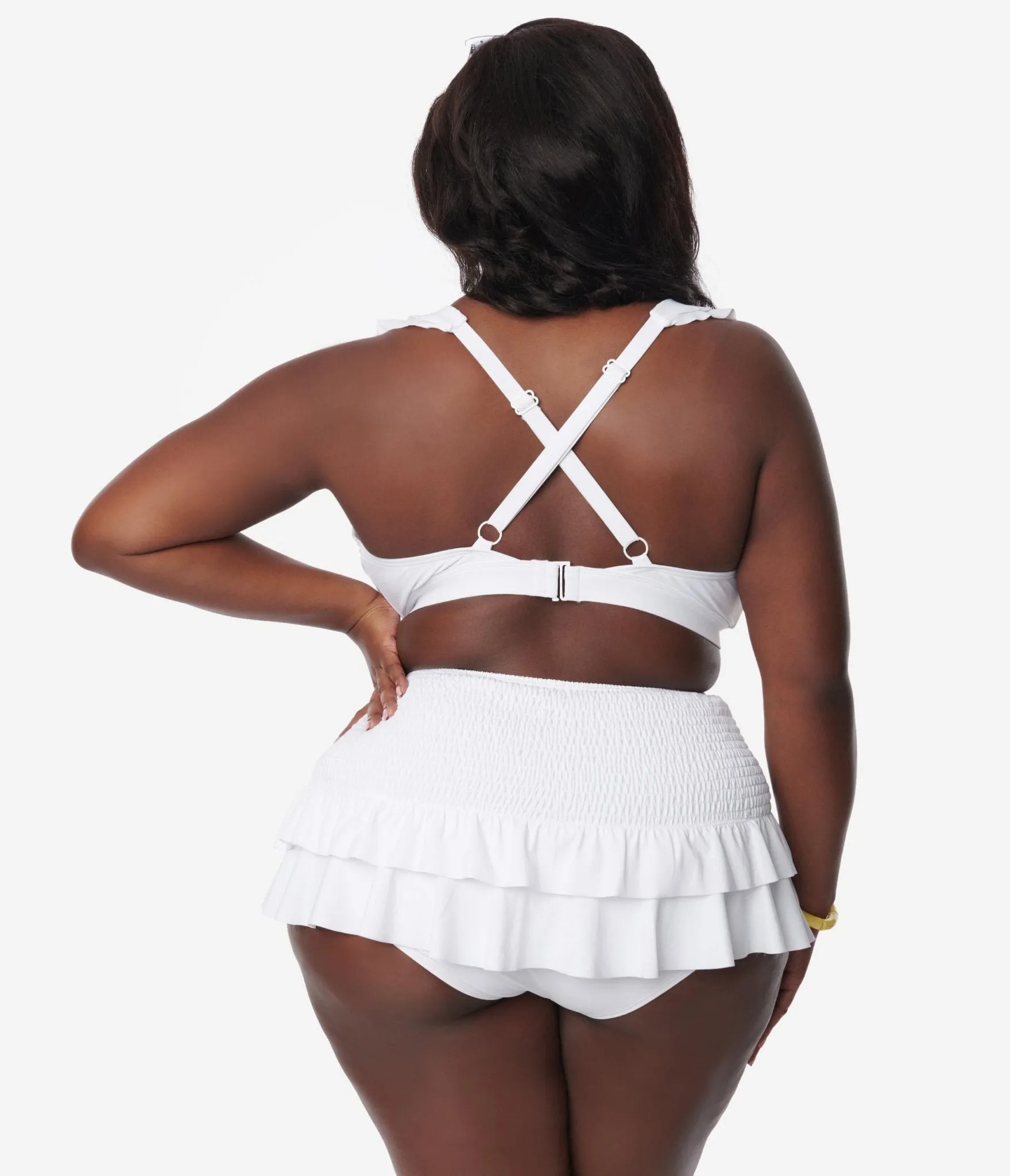 Unique Vintage Plus Size White Shirred Skirt Swim Bottom