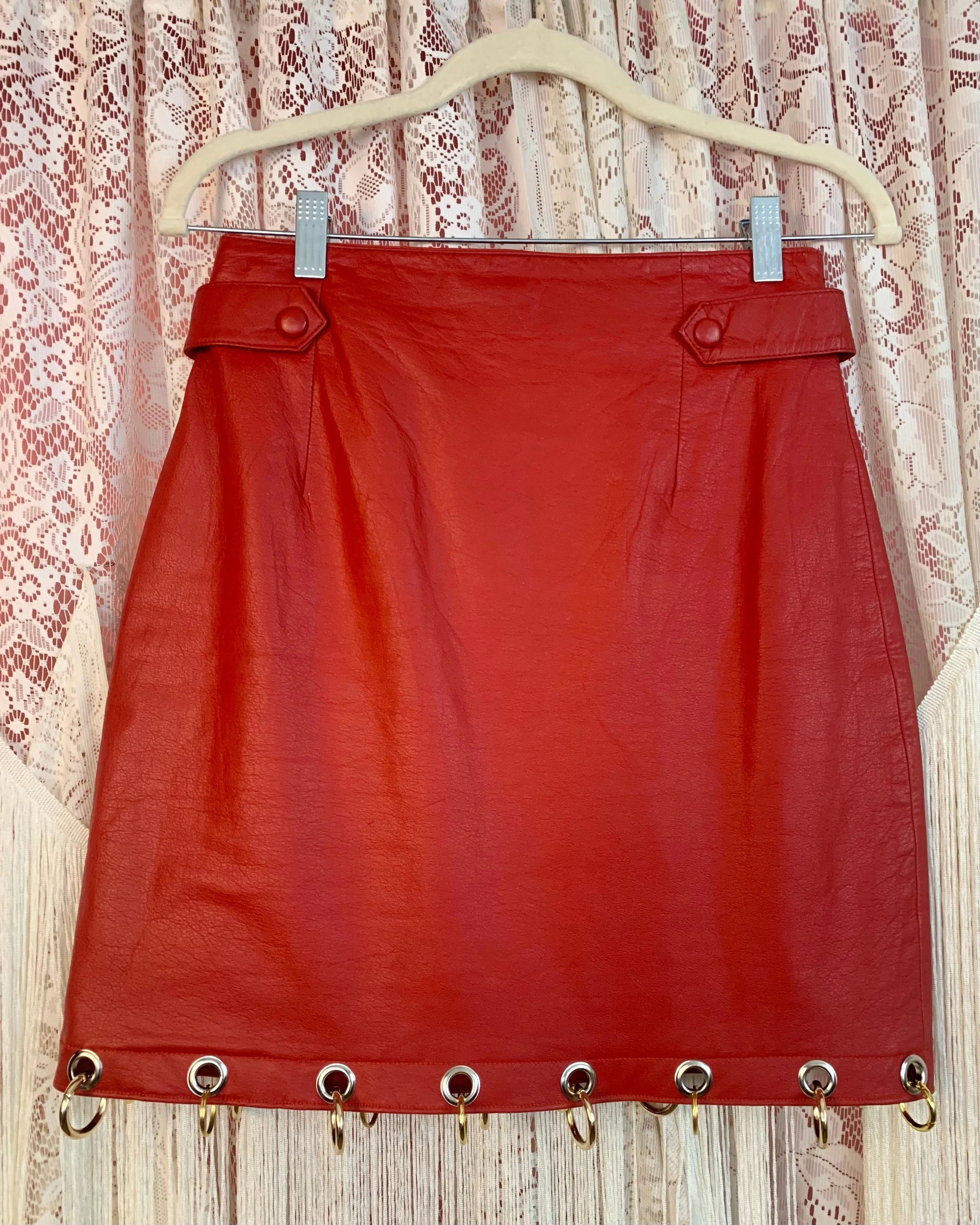 Upcycled grommet ring leather skirt sample