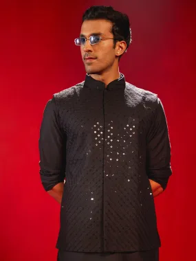 VASTRAMAY Black Rayon Sequined Nehru Jacket