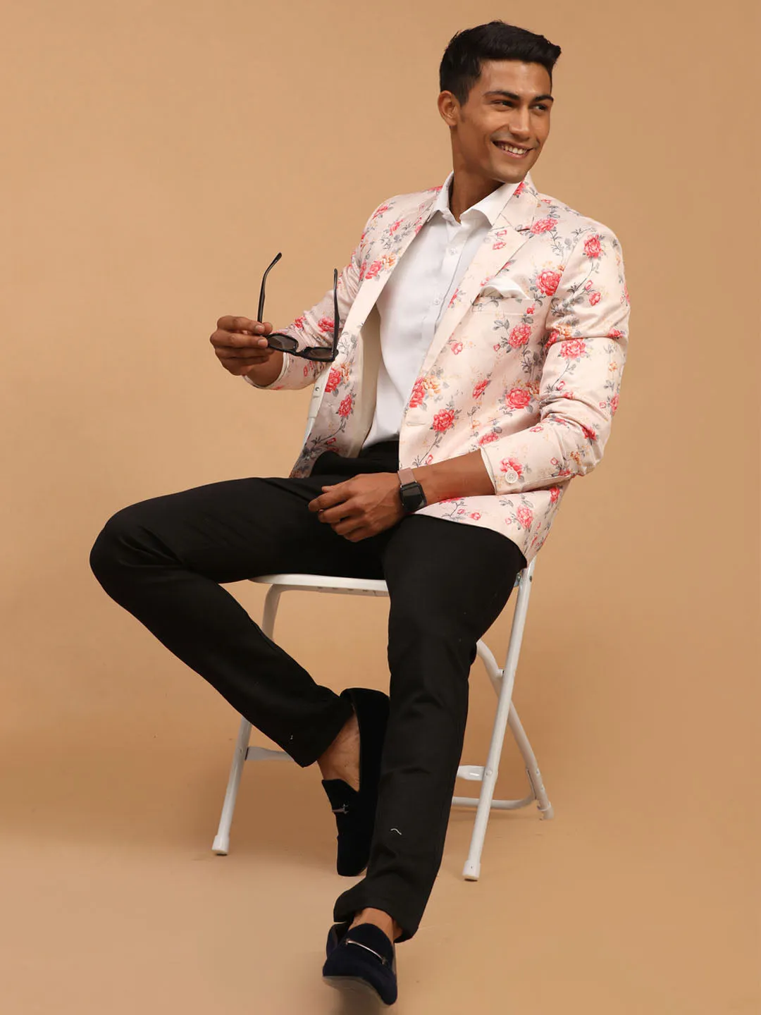 VASTRAMAY Men's Peach Floral Printed Blazer