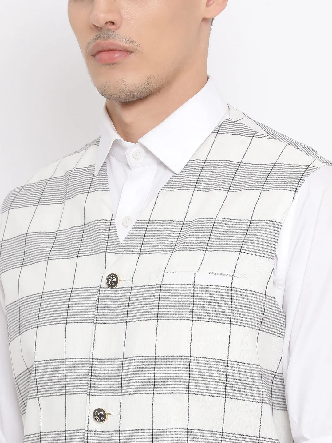 Vastramay Men's White Pure Cotton Nehru Jacket