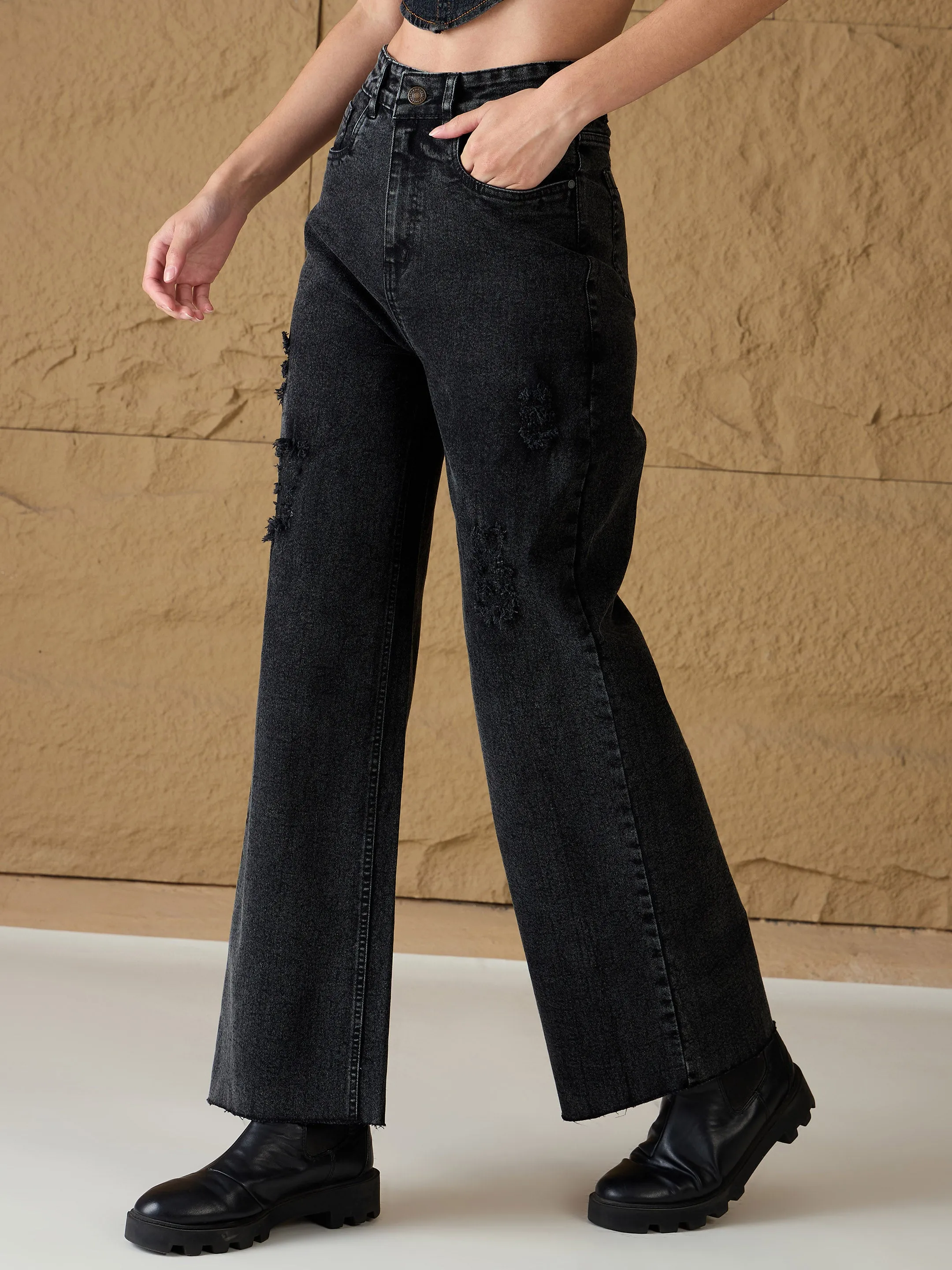 Women Black Washed Denim Premium Front Detail Straight Jeans