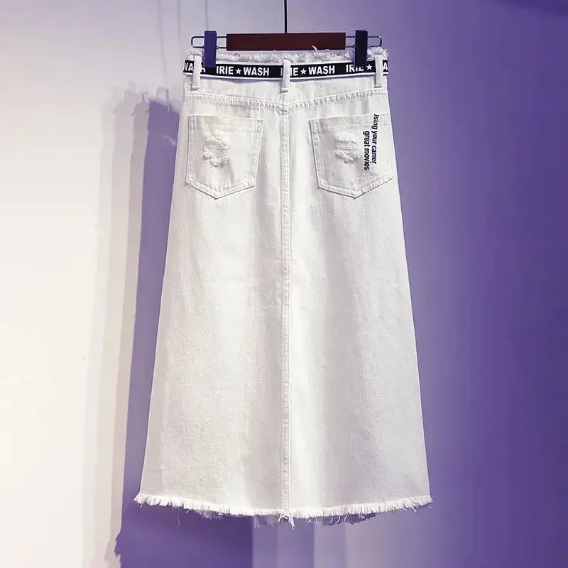 Women Skirt White Denim Long Skirts Letter Print Female Skirts