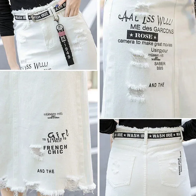 Women Skirt White Denim Long Skirts Letter Print Female Skirts